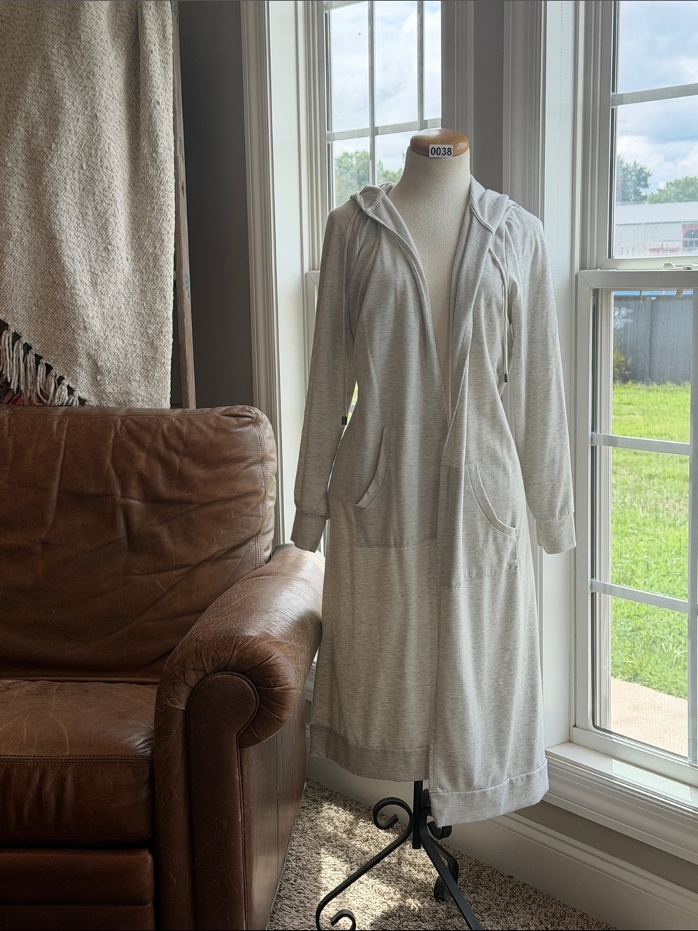 Light Gray Hooded Longline Open-Front Cotton Jacket
